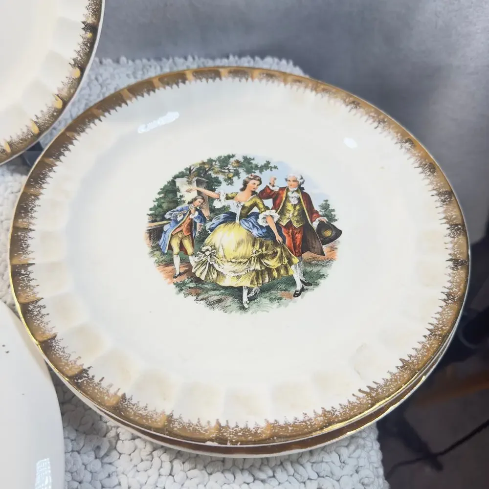 Vintage Cronin China Minerva Oh 9” Luncheon Plate Colonial Gold Rim USA Set of 7